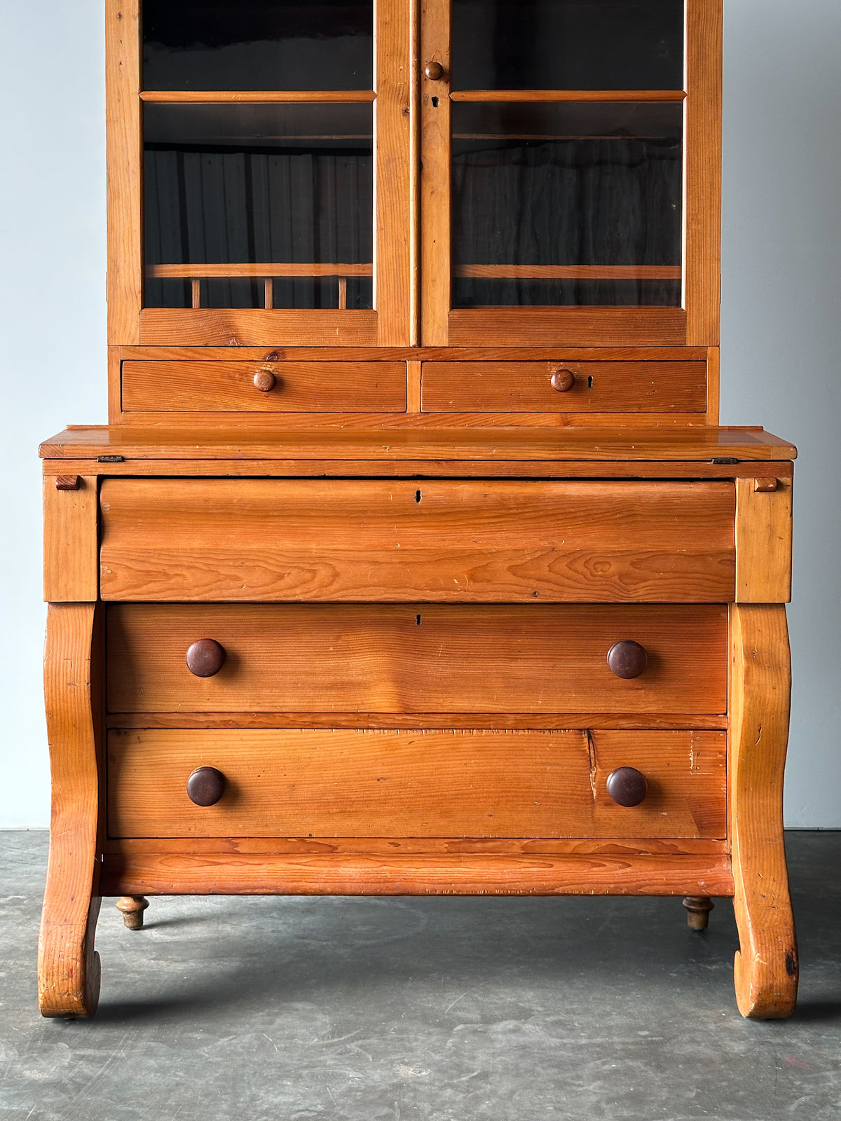 Pine Fall-Front Secretary Desk with Glass-Front Bookcase, Circa 1840s