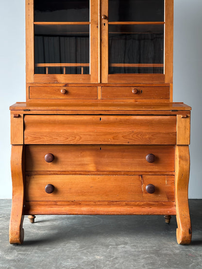 Pine Fall-Front Secretary Desk with Glass-Front Bookcase, Circa 1840s