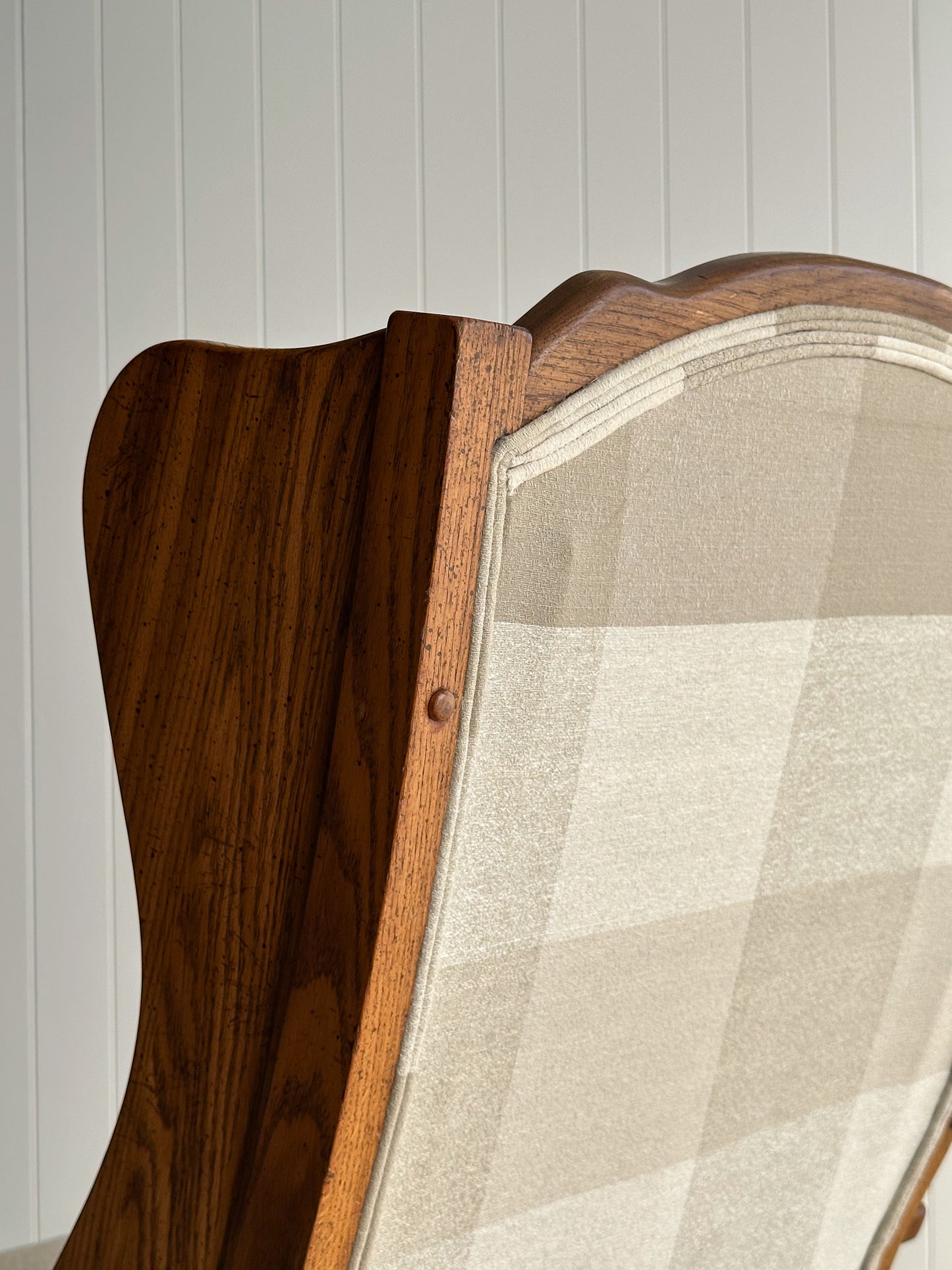 Studio Craft Oak Wingback Rocking Chair With Carved Rail, C. 1970s