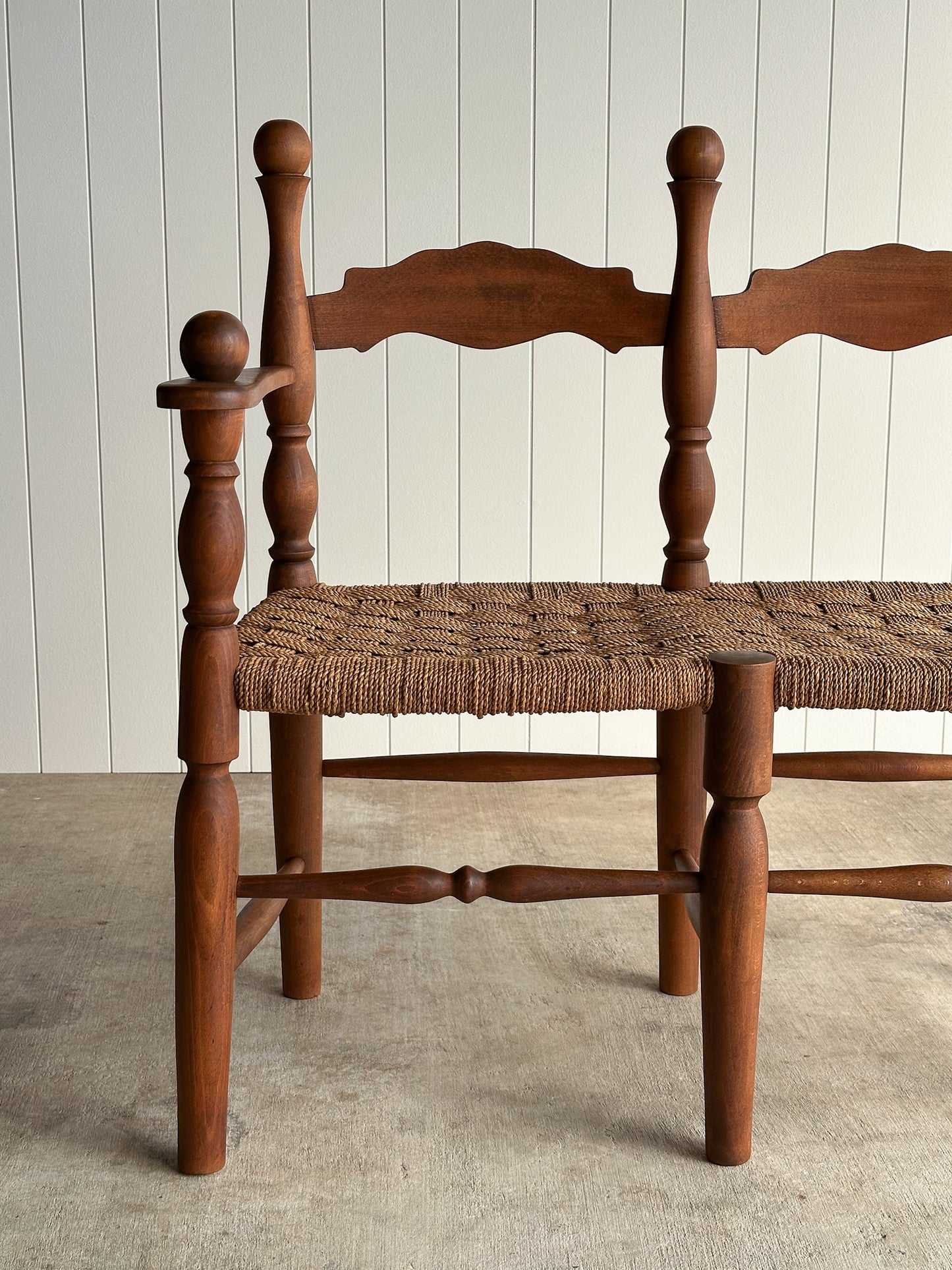 Vintage Sculptural Turned Wood Double Bench with Woven Rope Seat, c. 1950