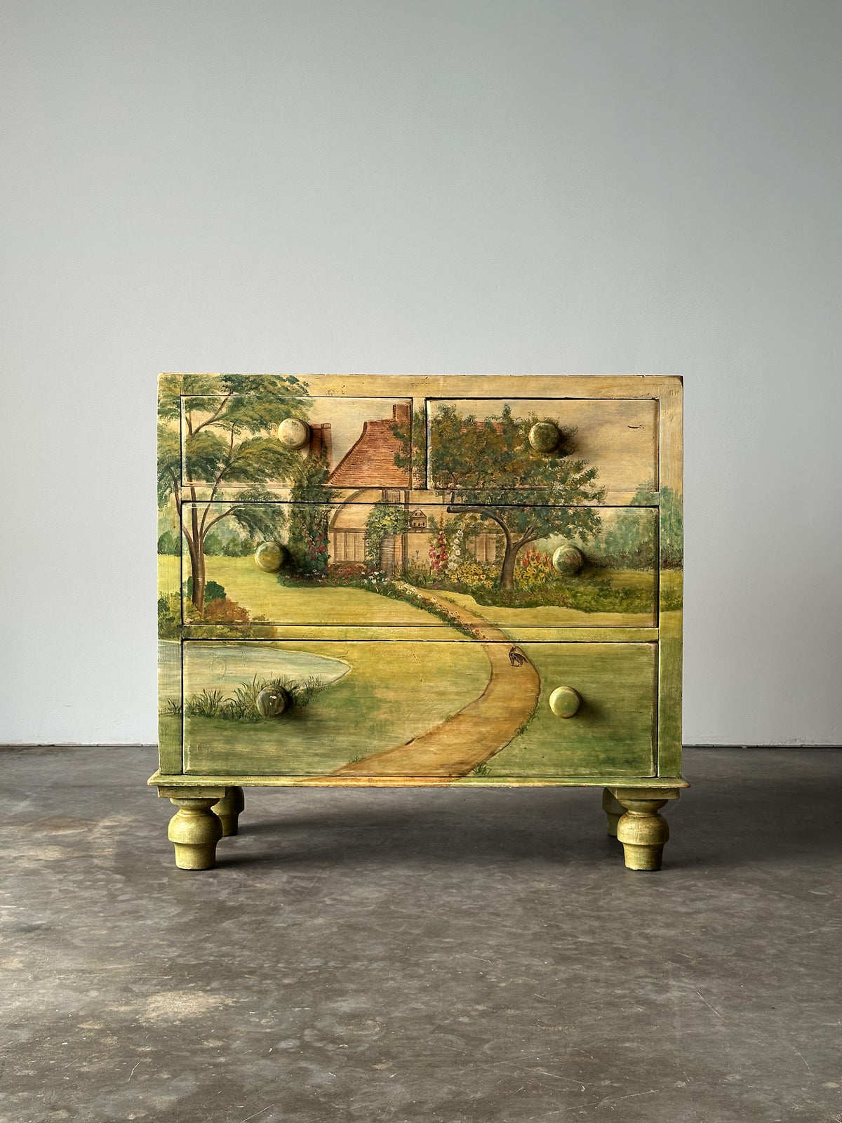 Hand-Painted Cottage Landscape Chest of Drawers, 19th Century
