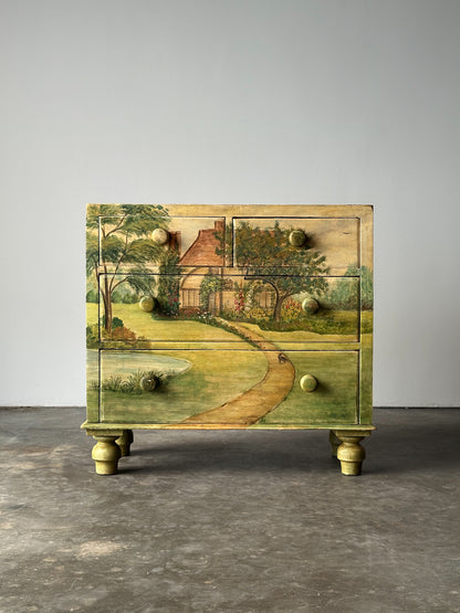 Hand-Painted Cottage Landscape Chest of Drawers, 19th Century