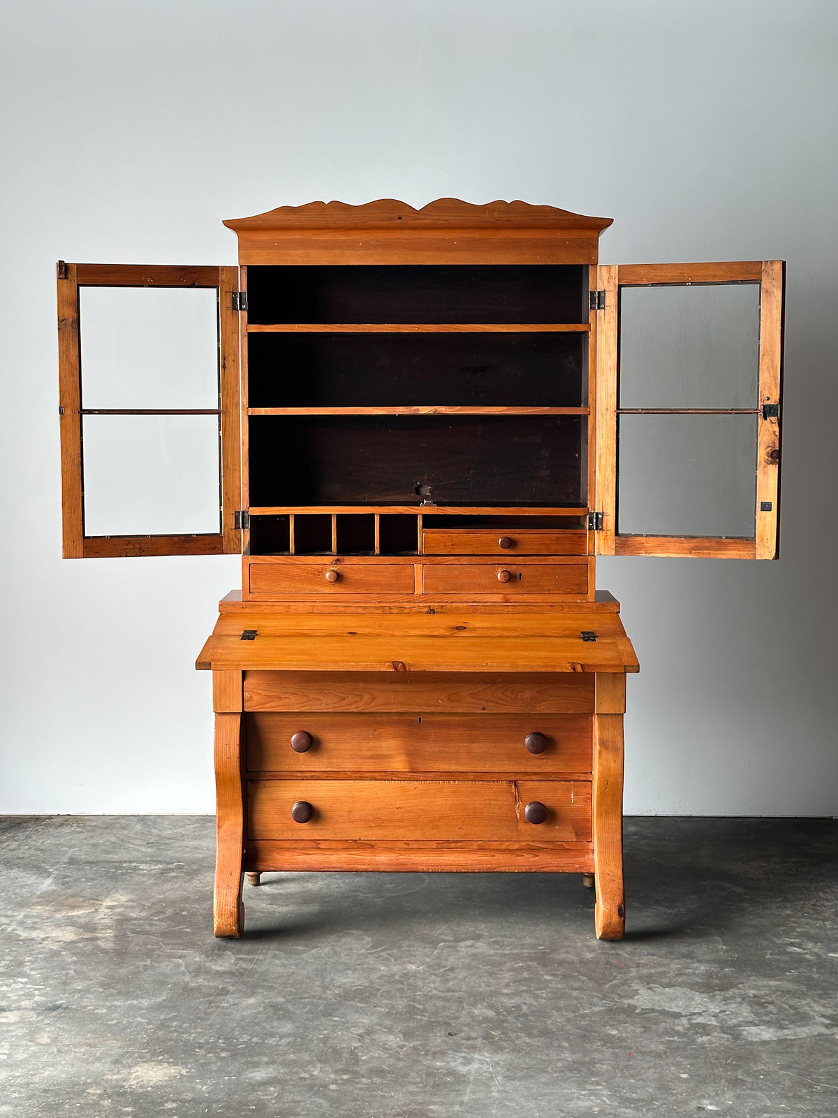 Pine Fall-Front Secretary Desk with Glass-Front Bookcase, Circa 1840s