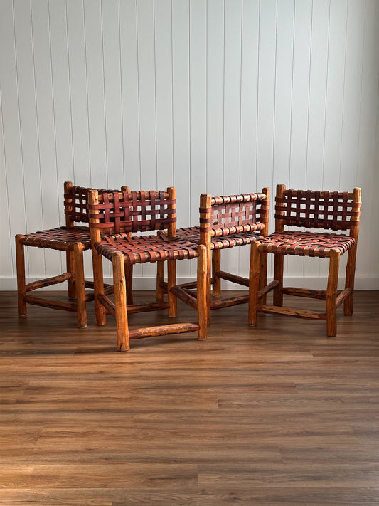 1940s Tuscan Leather Strap & Wood Dining Chairs, Set of Four