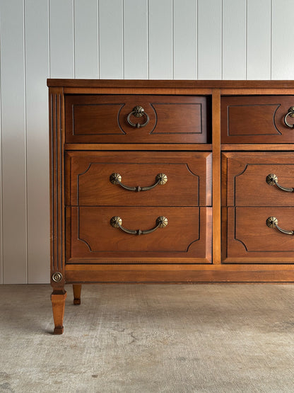 Vintage Ward Walnut Nine-Drawer Triple Dresser with Fluted Details