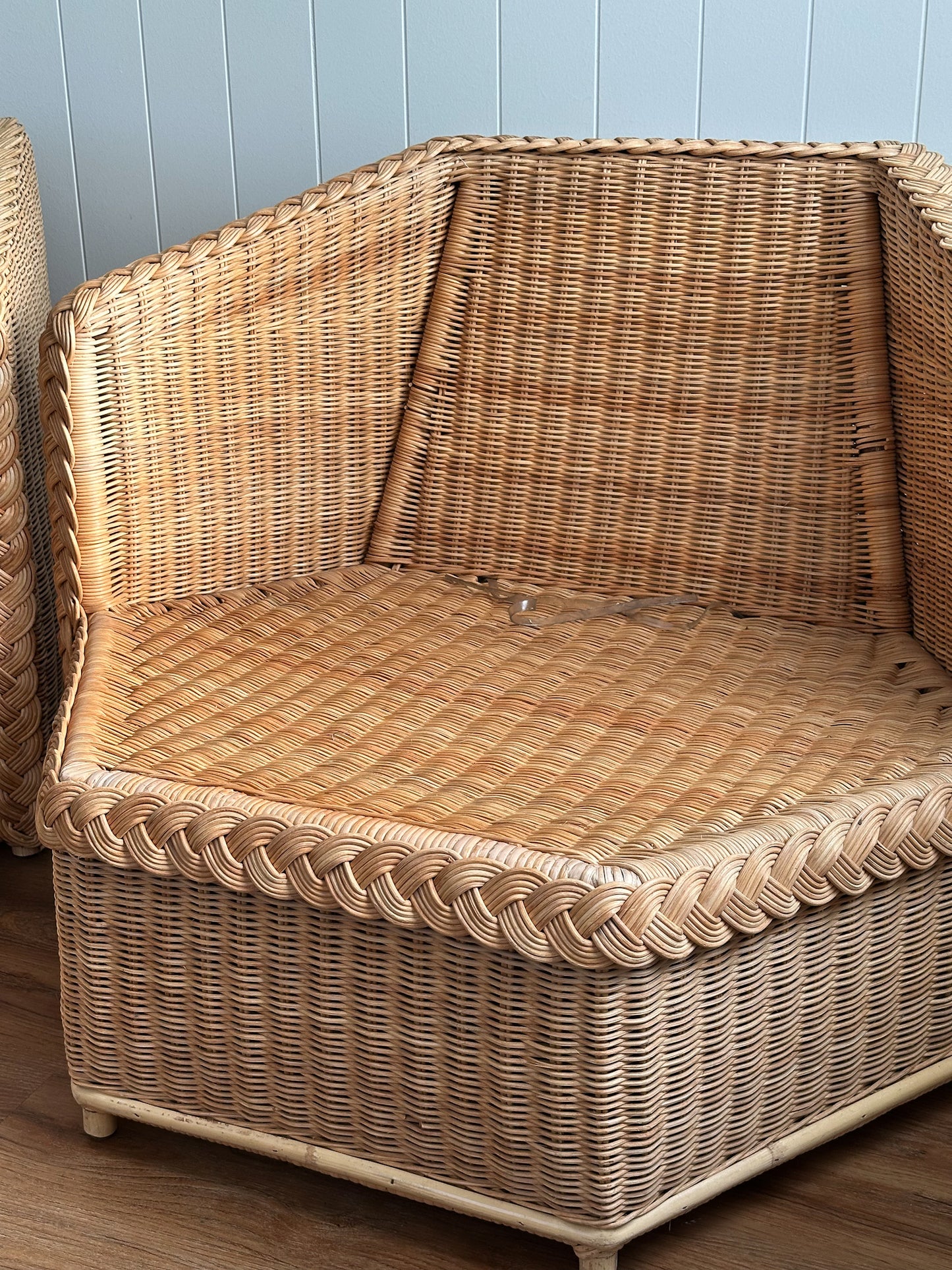 Vintage Brown Jordan Braided Wicker Lounge Chairs, Pair