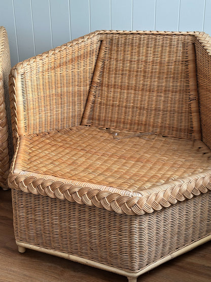 Vintage Brown Jordan Braided Wicker Lounge Chairs, Pair