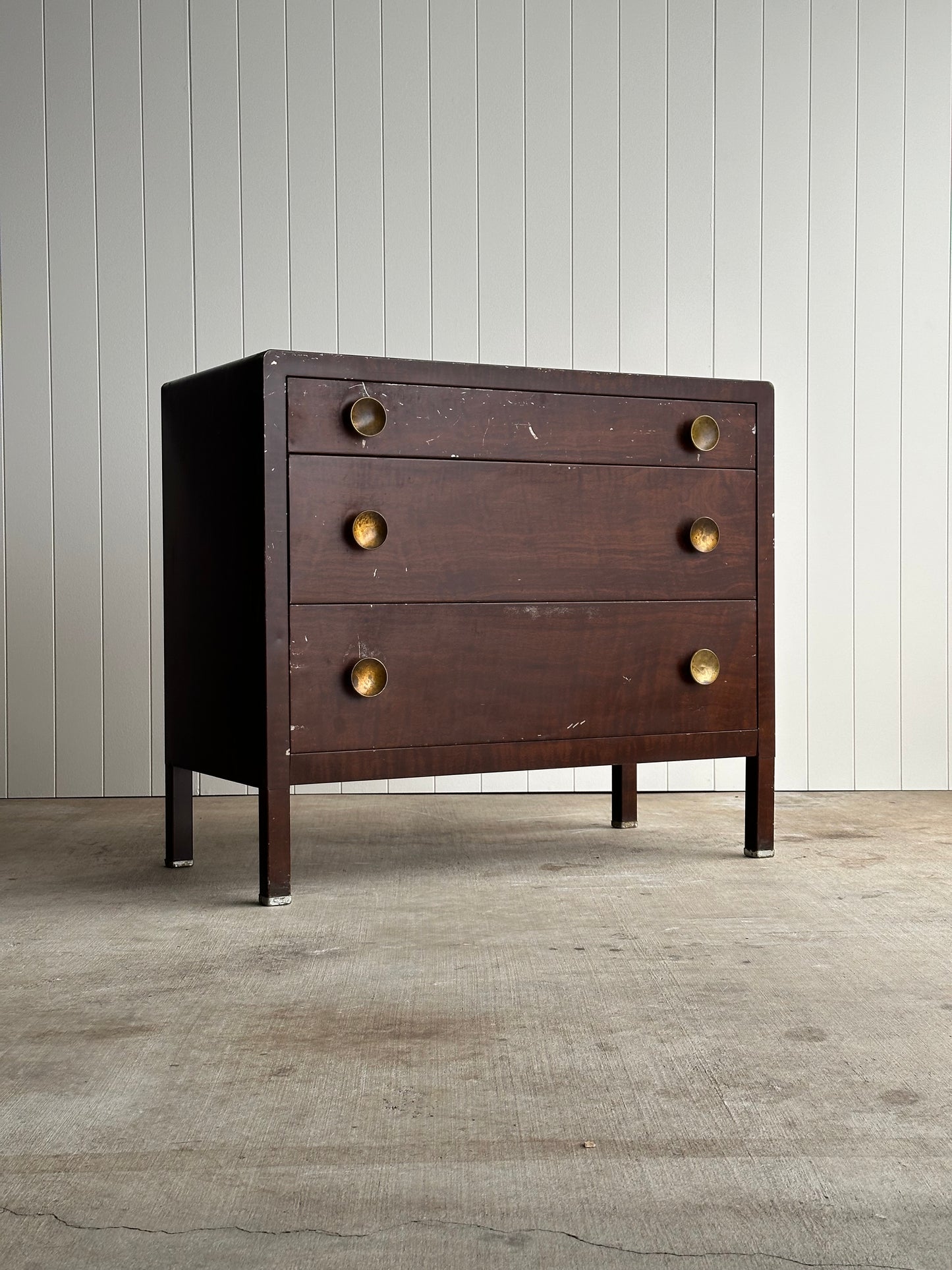Vintage Norman Bel Geddes Steel Chest of Drawers With Brass Pulls, C. 1930s