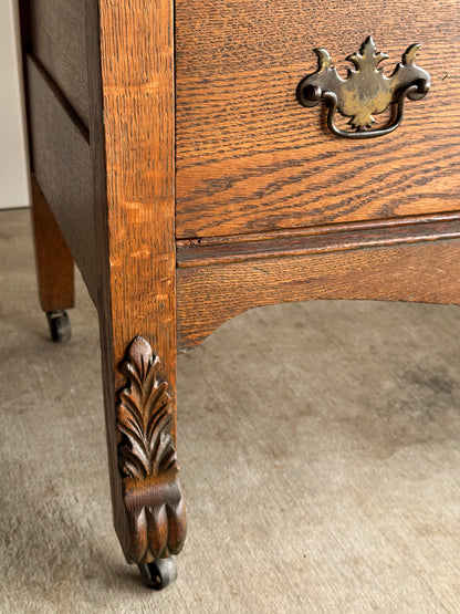 Antique Oak Serpentine Chest with Original Casters and Brass Hardware