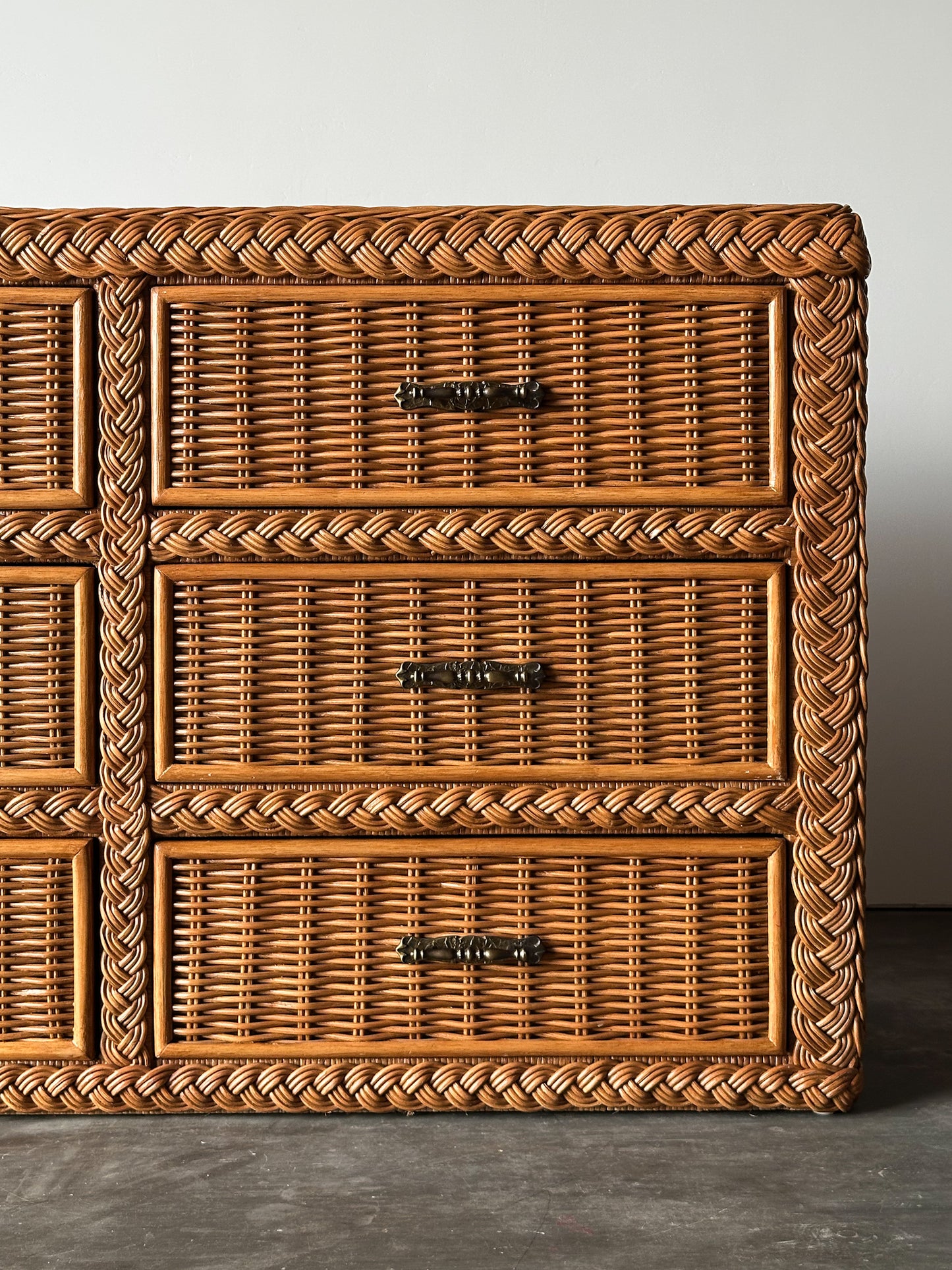 Vintage Woven Wicker Six-Drawer Dresser