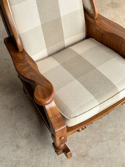 Studio Craft Oak Wingback Rocking Chair With Carved Rail, C. 1970s