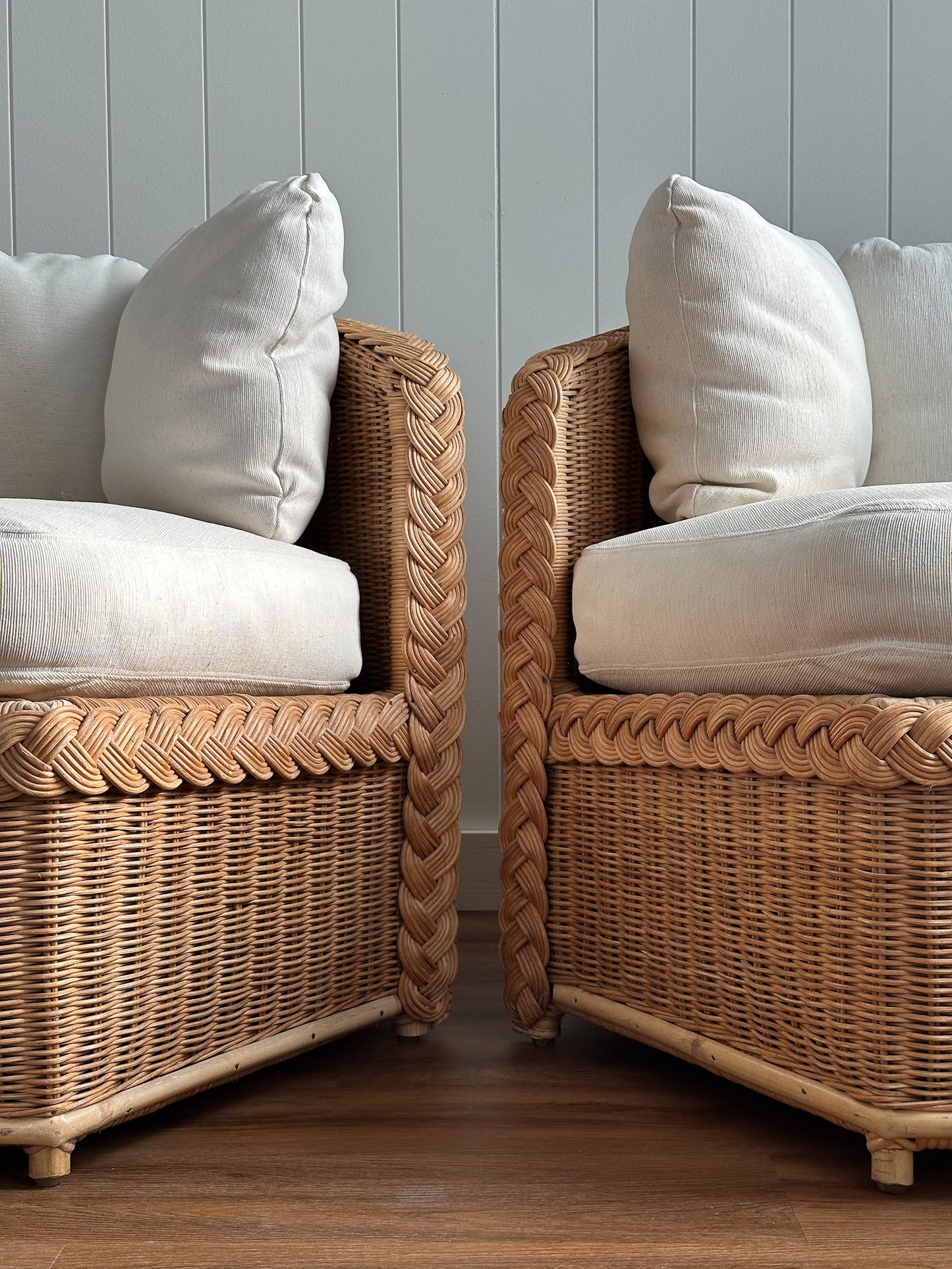 Vintage Brown Jordan Braided Wicker Lounge Chairs, Pair