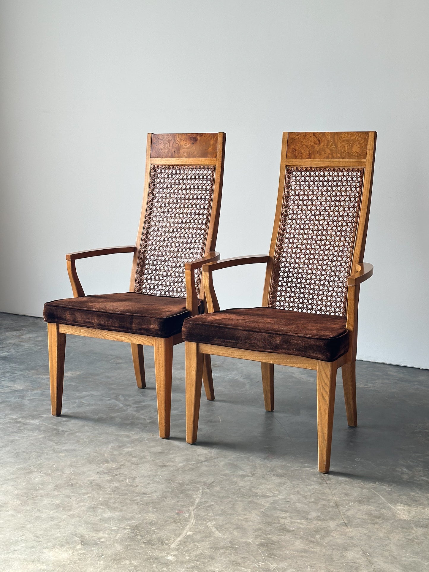 Set of 6 Milo Baughman Style Cane Back Burl Dining Chairs by Lane, 1970s