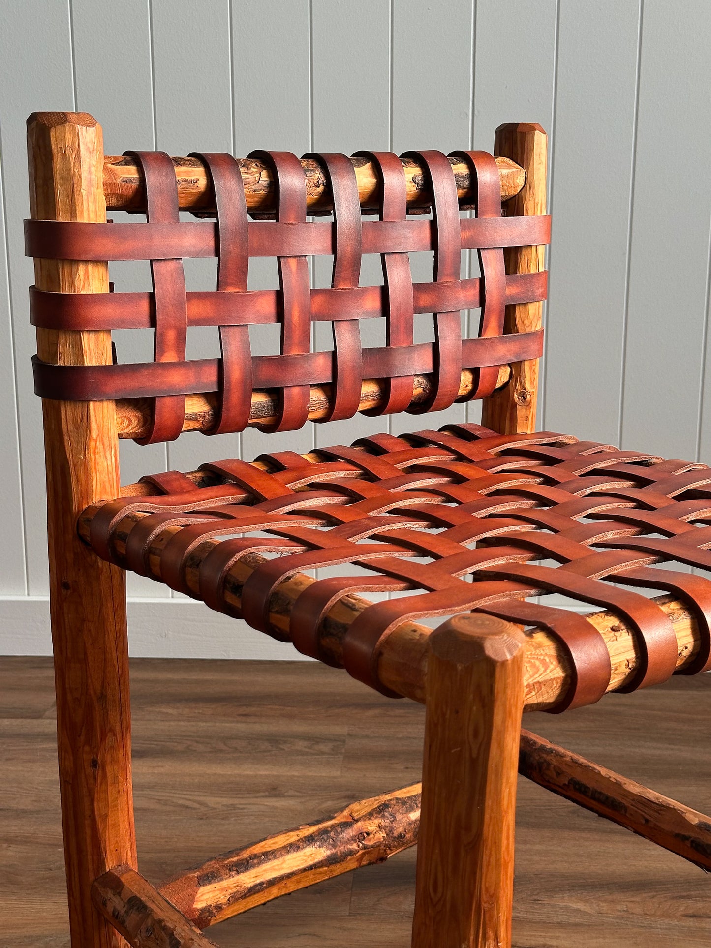 1940s Tuscan Leather Strap & Wood Dining Chairs, Set of Four