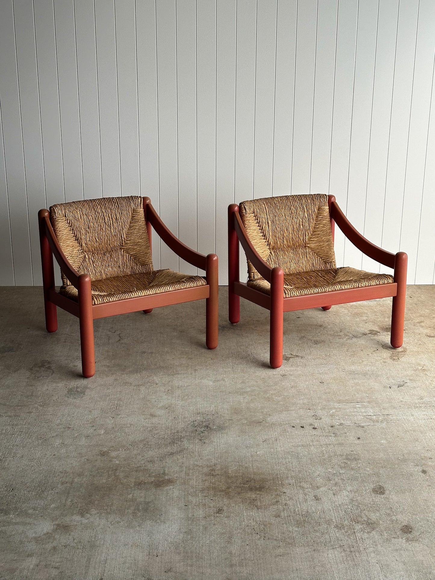 Pair of Vintage Red Lacquered Rush Lounge Chairs, Attributed to Vico Magistretti
