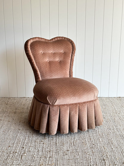 Vintage Blush Velvet Vanity Slipper Chair with Pleated Skirt