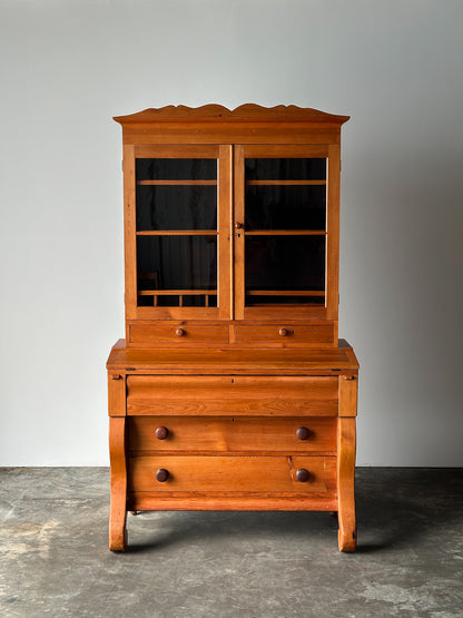 Pine Fall-Front Secretary Desk with Glass-Front Bookcase, Circa 1840s