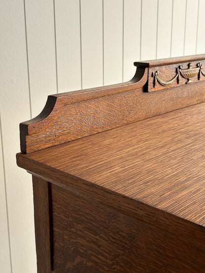 Antique Quarter Sawn Oak Console Table with Carved Gallery Back