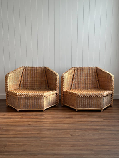 Vintage Brown Jordan Braided Wicker Lounge Chairs, Pair