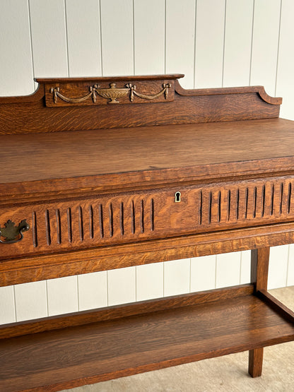 Antique Quarter Sawn Oak Console Table with Carved Gallery Back