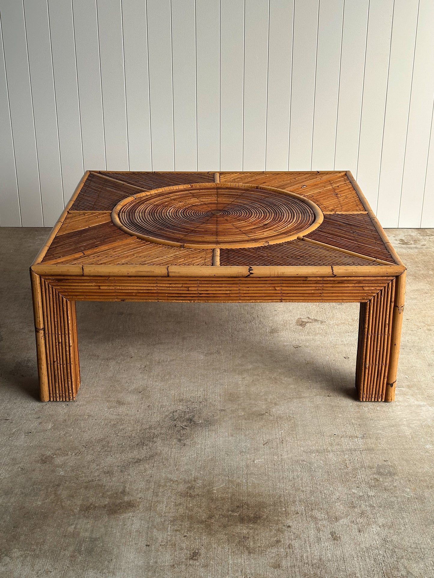 Vintage Monumental Rattan Sunburst Coffee Table, C. 1970s