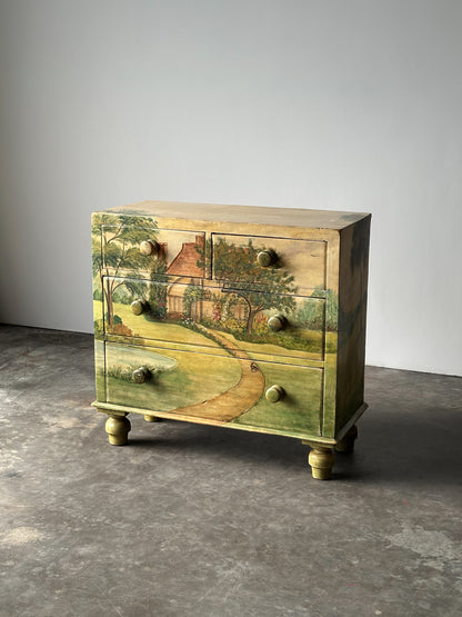 Hand-Painted Cottage Landscape Chest of Drawers, 19th Century