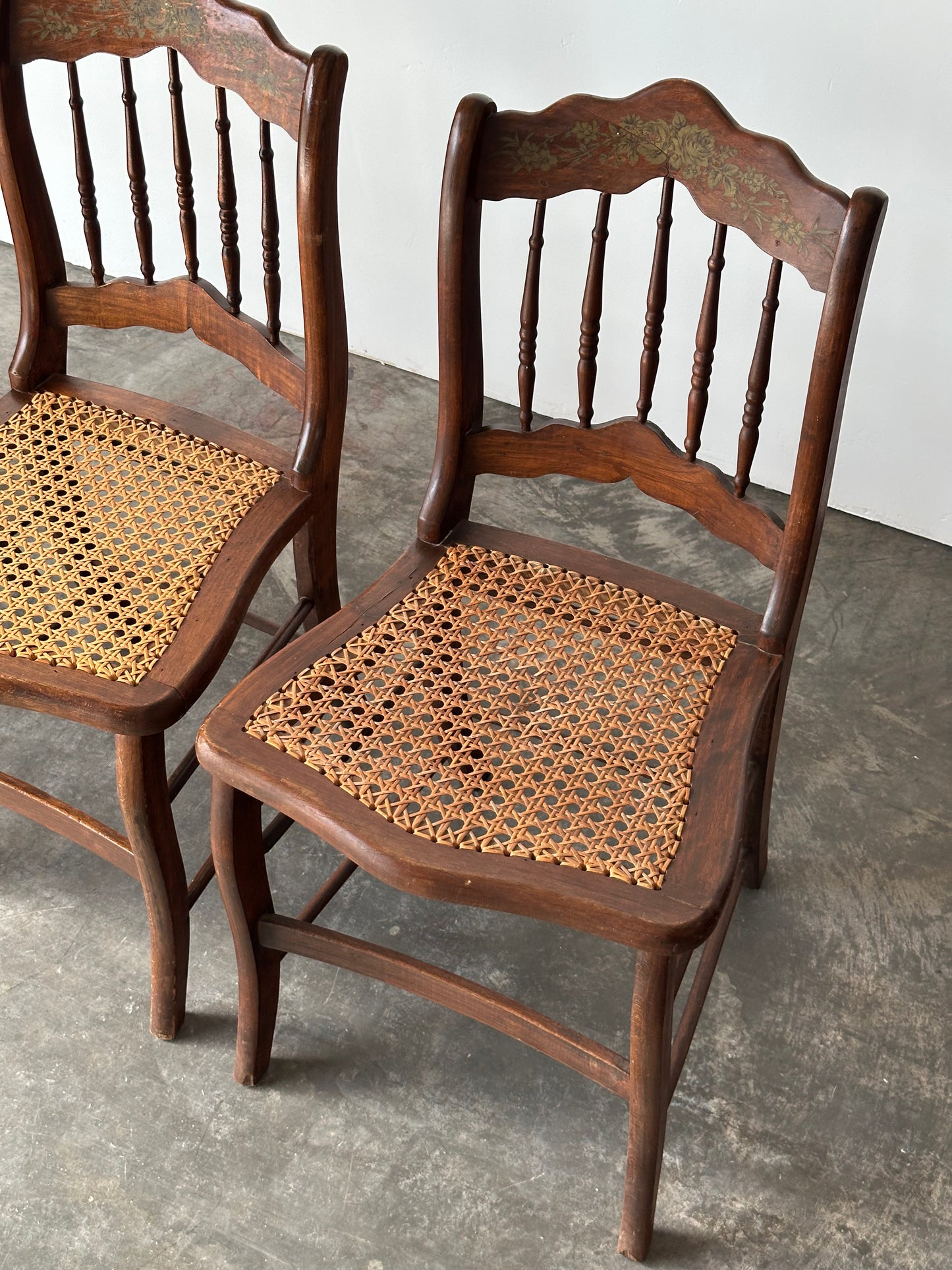 Antique Set of 4 Turned-Spindle Cane Seat Dining Chairs