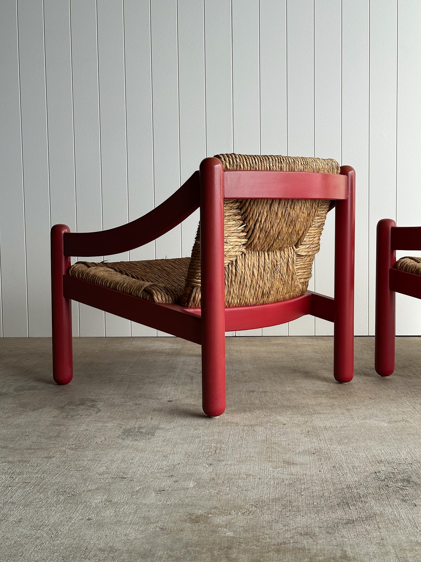 Pair of Vintage Red Lacquered Rush Lounge Chairs, Attributed to Vico Magistretti