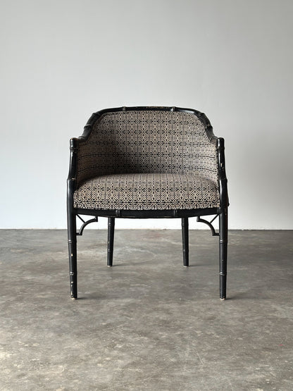 Black Lacquered Faux Bamboo Barrel-Back Armchair, 1980s