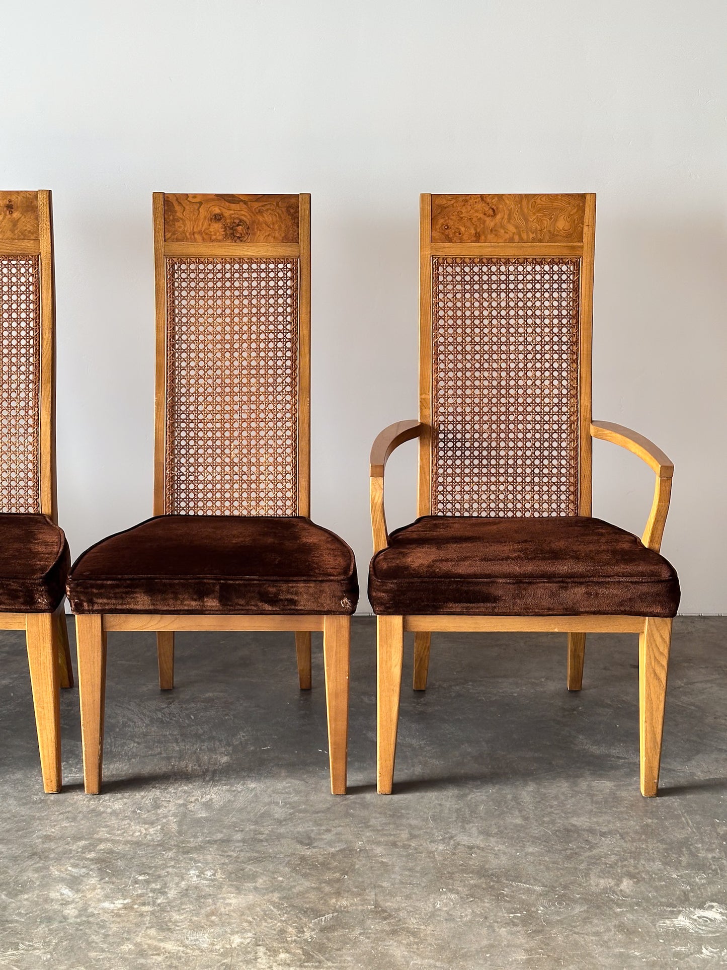 Set of 6 Milo Baughman Style Cane Back Burl Dining Chairs by Lane, 1970s