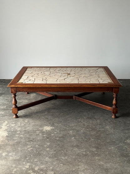 Hand-Laid Stone Mosaic Coffee Table on Vintage Oak Trestle Base