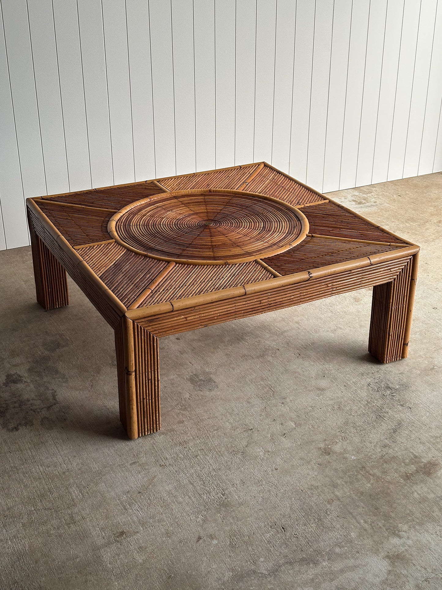 Vintage Monumental Rattan Sunburst Coffee Table, C. 1970s