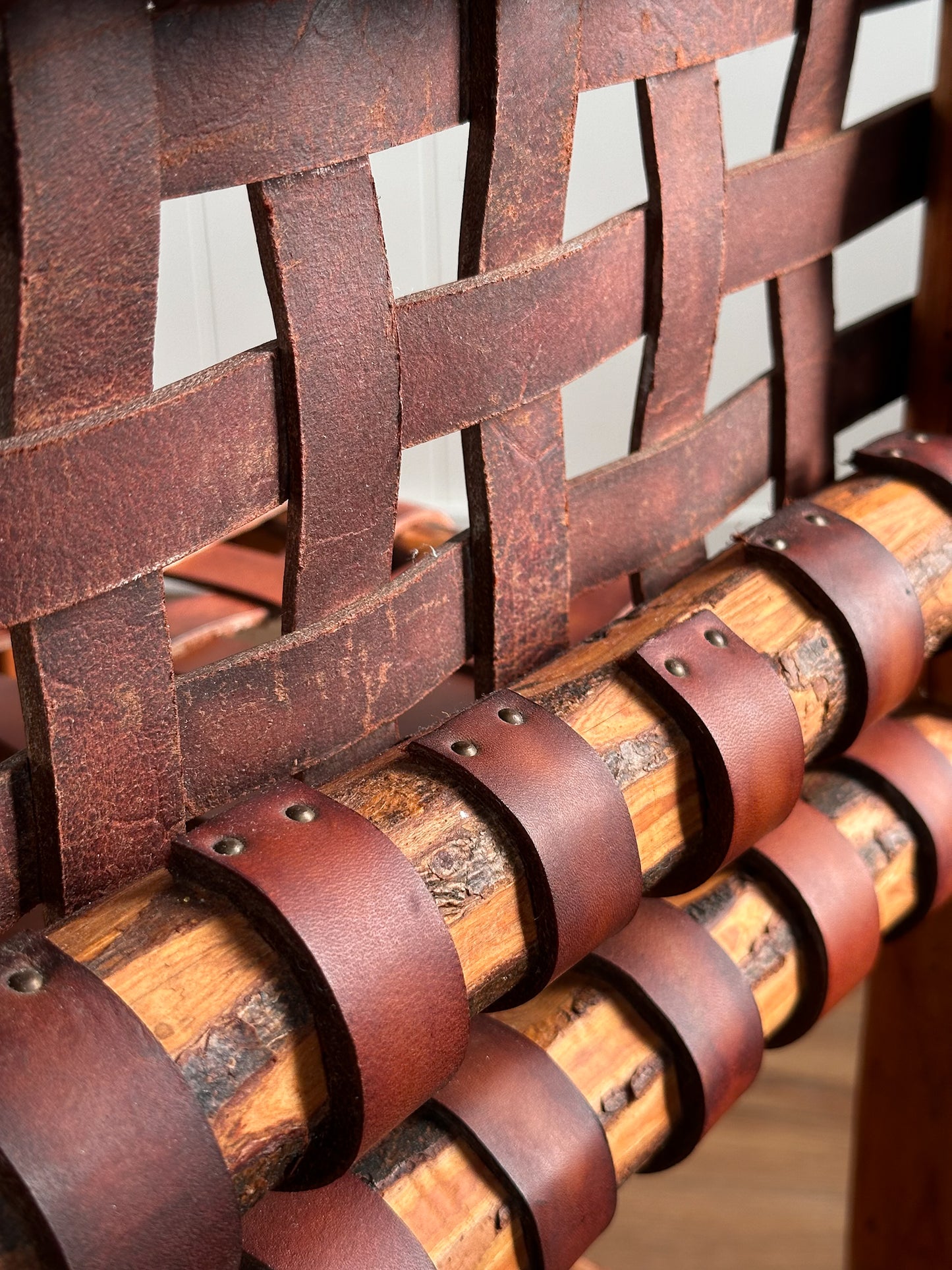 1940s Tuscan Leather Strap & Wood Dining Chairs, Set of Four