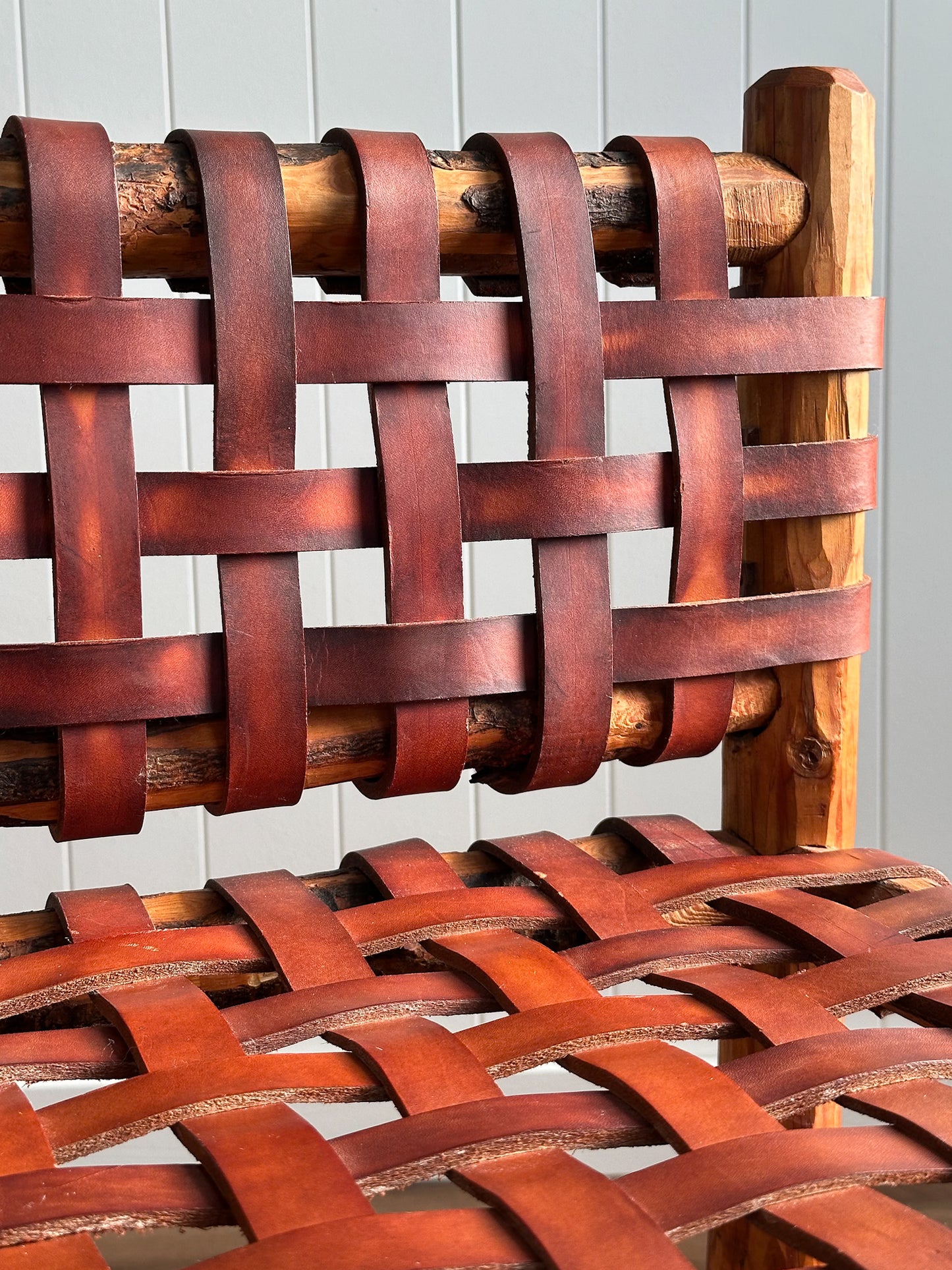 1940s Tuscan Leather Strap & Wood Dining Chairs, Set of Four