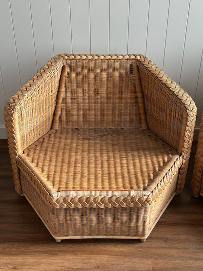 Vintage Brown Jordan Braided Wicker Lounge Chairs, Pair