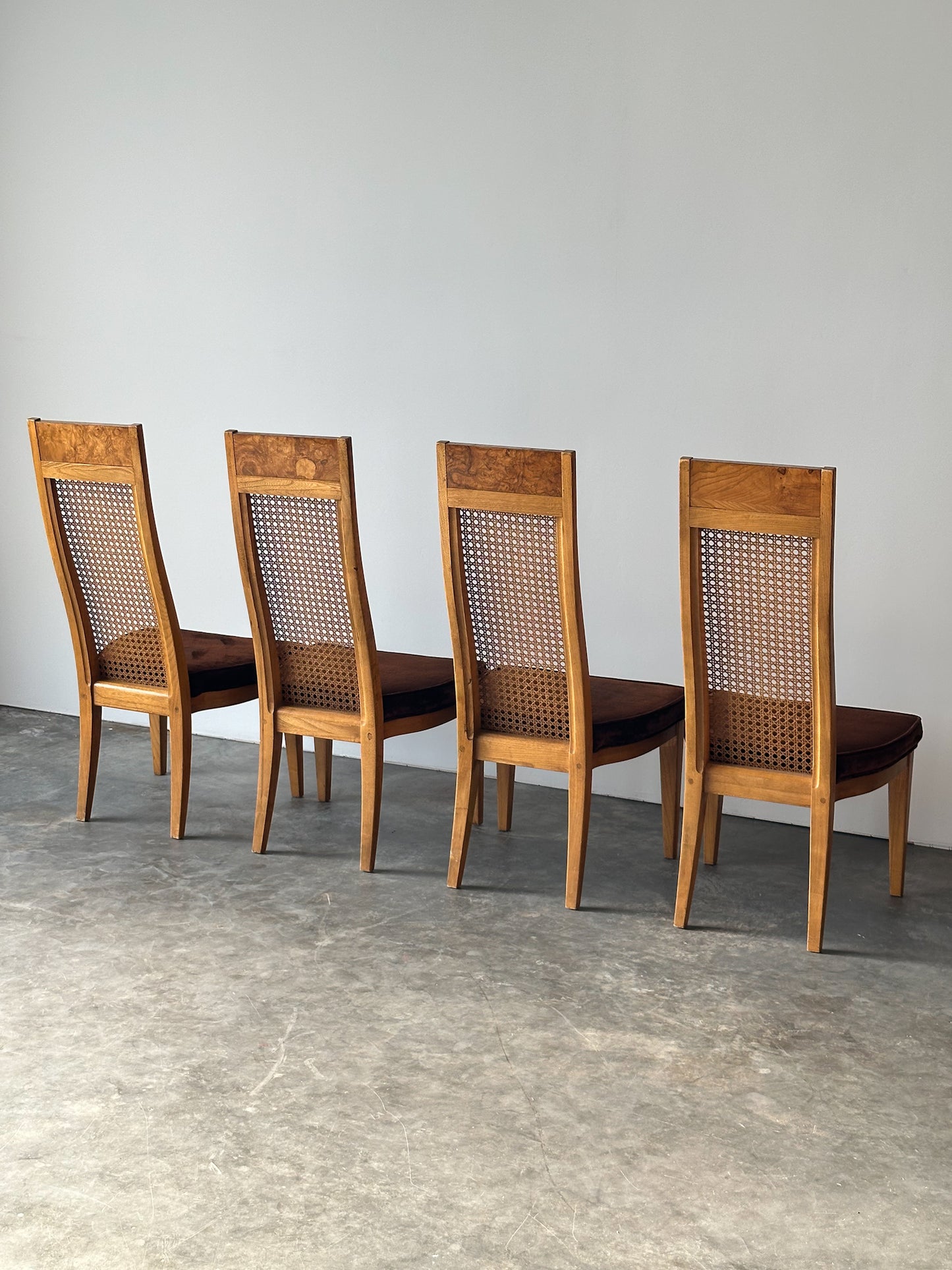Set of 6 Milo Baughman Style Cane Back Burl Dining Chairs by Lane, 1970s