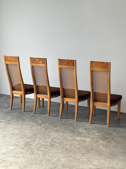 Set of 6 Milo Baughman Style Cane Back Burl Dining Chairs by Lane, 1970s