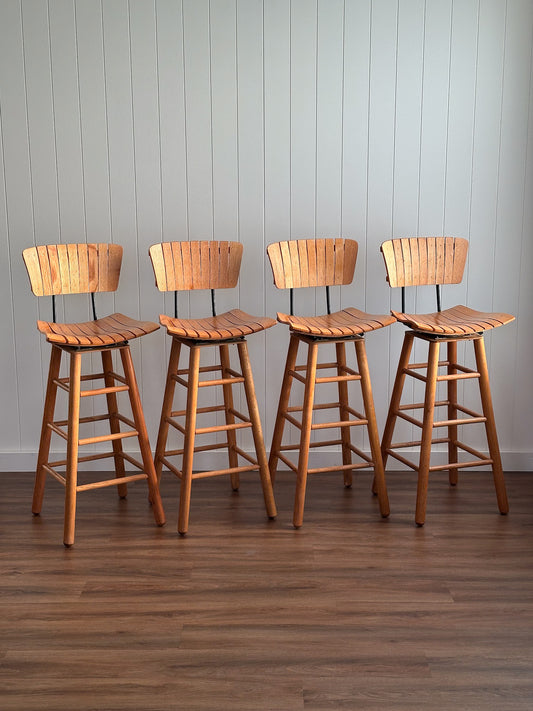 Mid-Century Modern Slatted Bar Stools, Set of Four