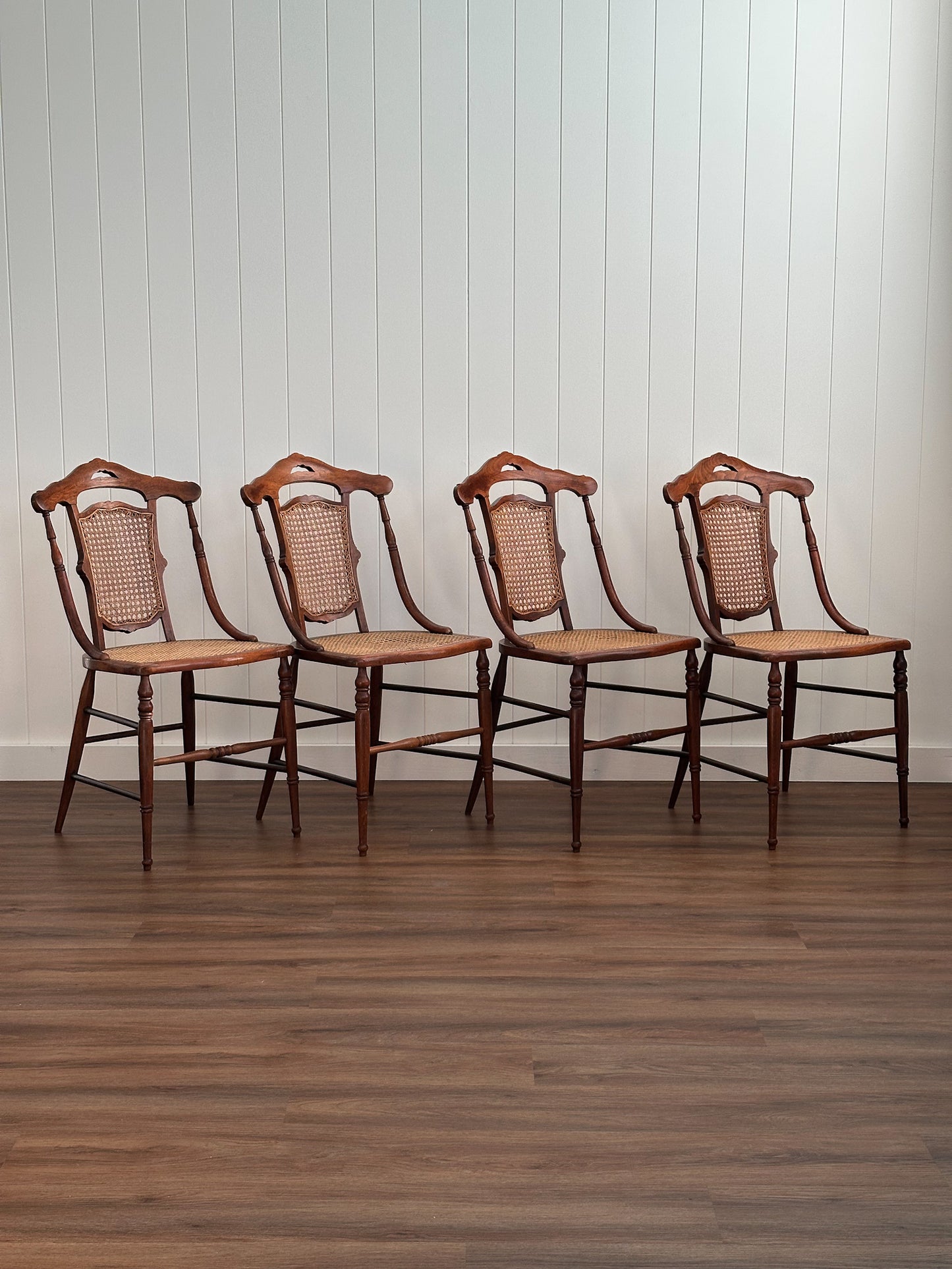 Victorian-Era Antique Cane & Wood Dining Chairs, Set of Four