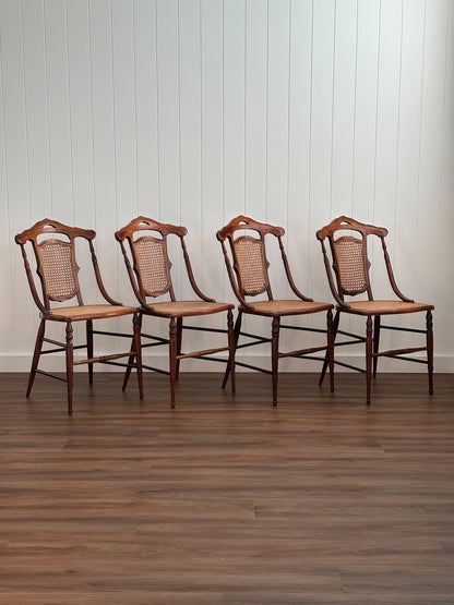Antique Victorian French Cane Dining Chairs, Set of 4