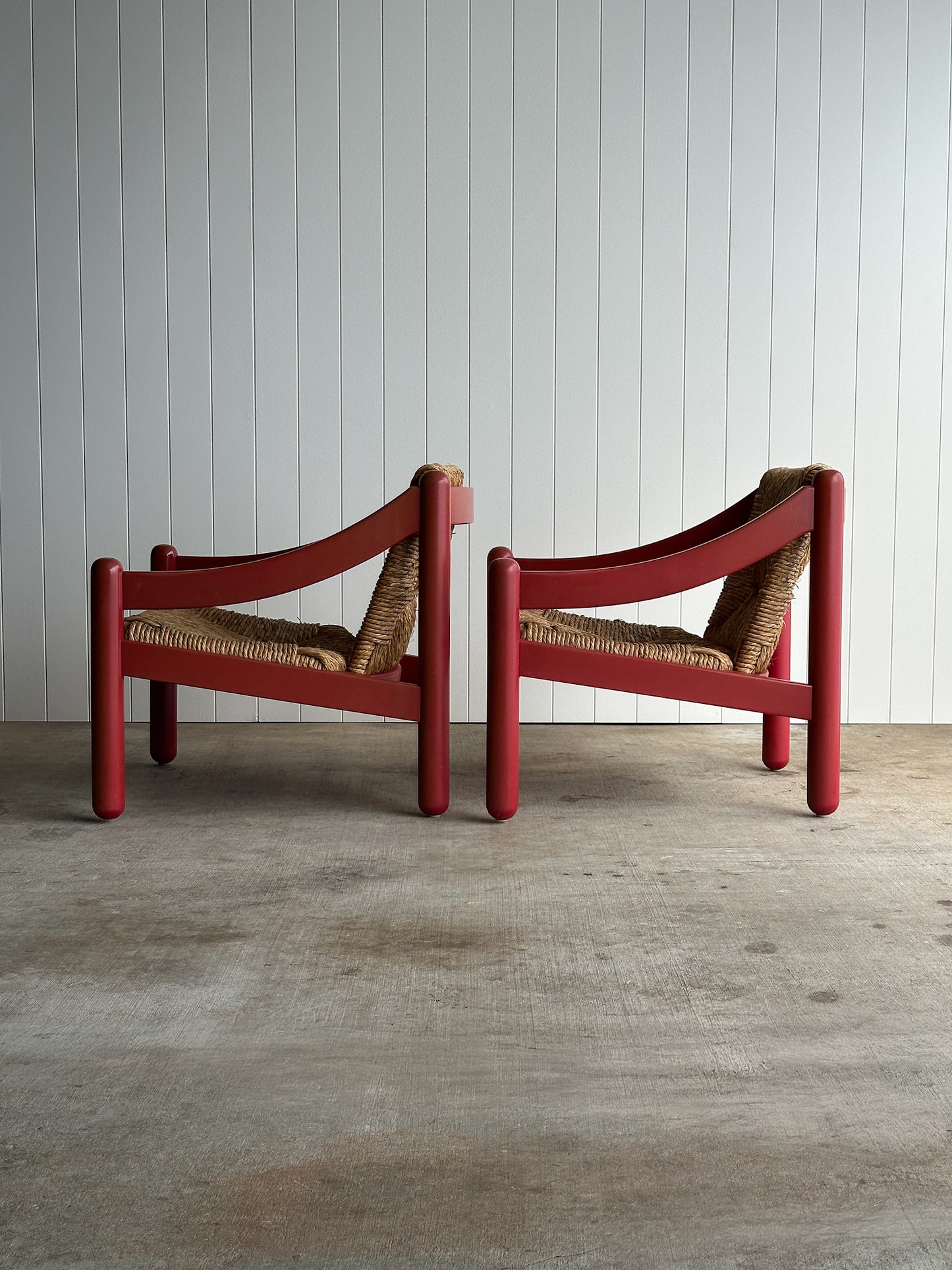 Pair of Vintage Red Lacquered Rush Lounge Chairs, Attributed to Vico Magistretti