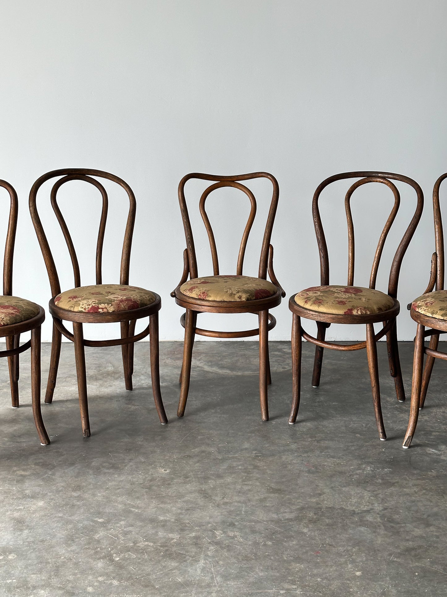 Bentwood Oak Café Chairs W/ Rose Floral Seats, 1933 World's Fair, Set of 7