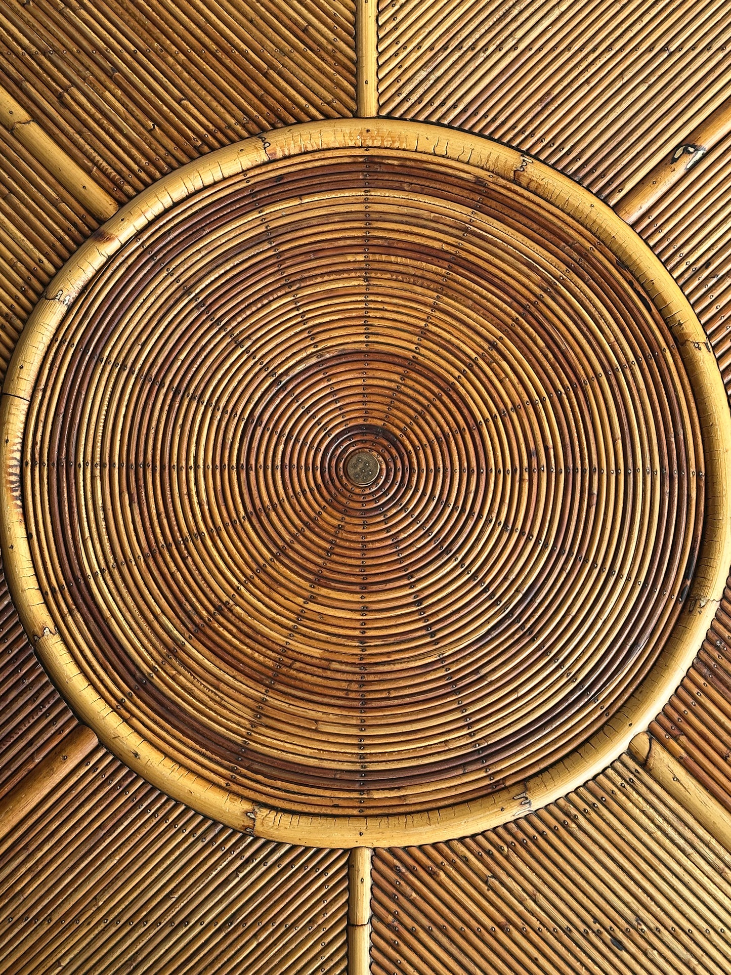 Vintage Monumental Rattan Sunburst Coffee Table, C. 1970s