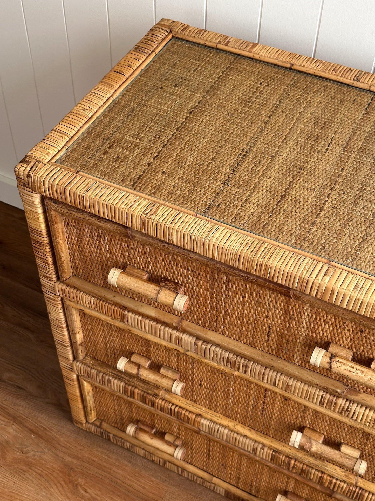 1970s Vintage Woven Rattan Chest of Drawers