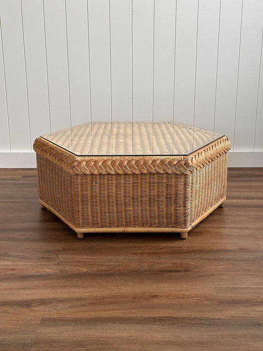 Vintage Brown Jordan Braided Wicker Hexagonal Coffee Table