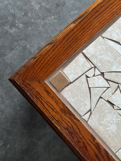 Hand-Laid Stone Mosaic Coffee Table on Vintage Oak Trestle Base