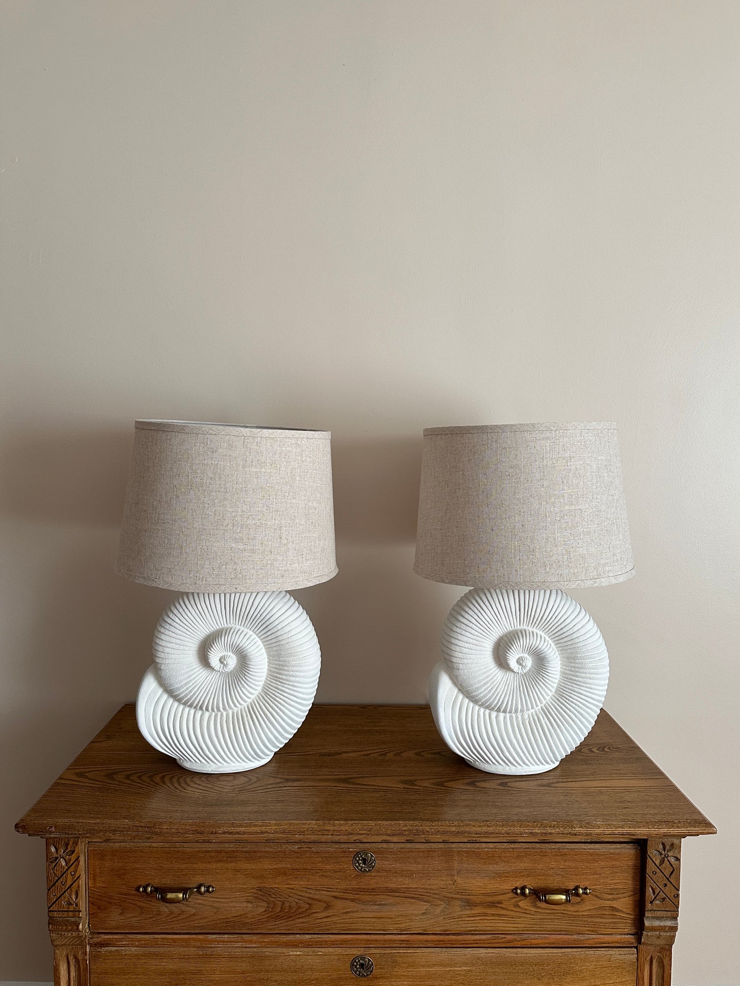 Vintage Spiral Shell Table Lamps With Linen Drum Shades - A Pair