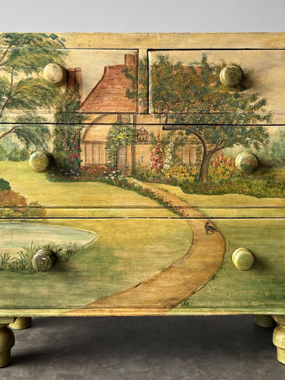 Hand-Painted Cottage Landscape Chest of Drawers, 19th Century