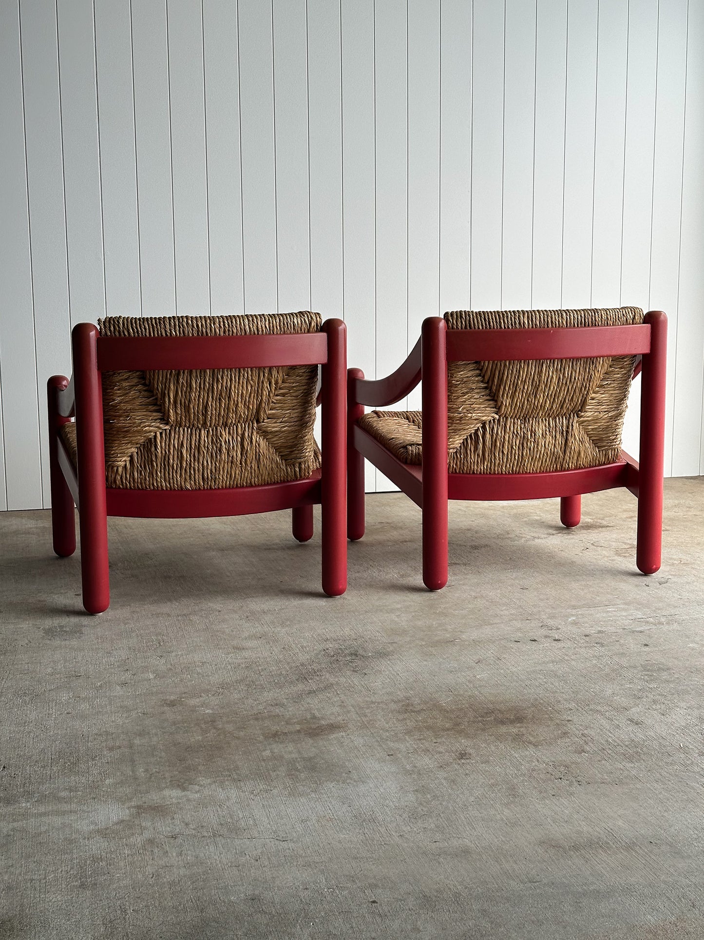 Pair of Vintage Red Lacquered Rush Lounge Chairs, Attributed to Vico Magistretti
