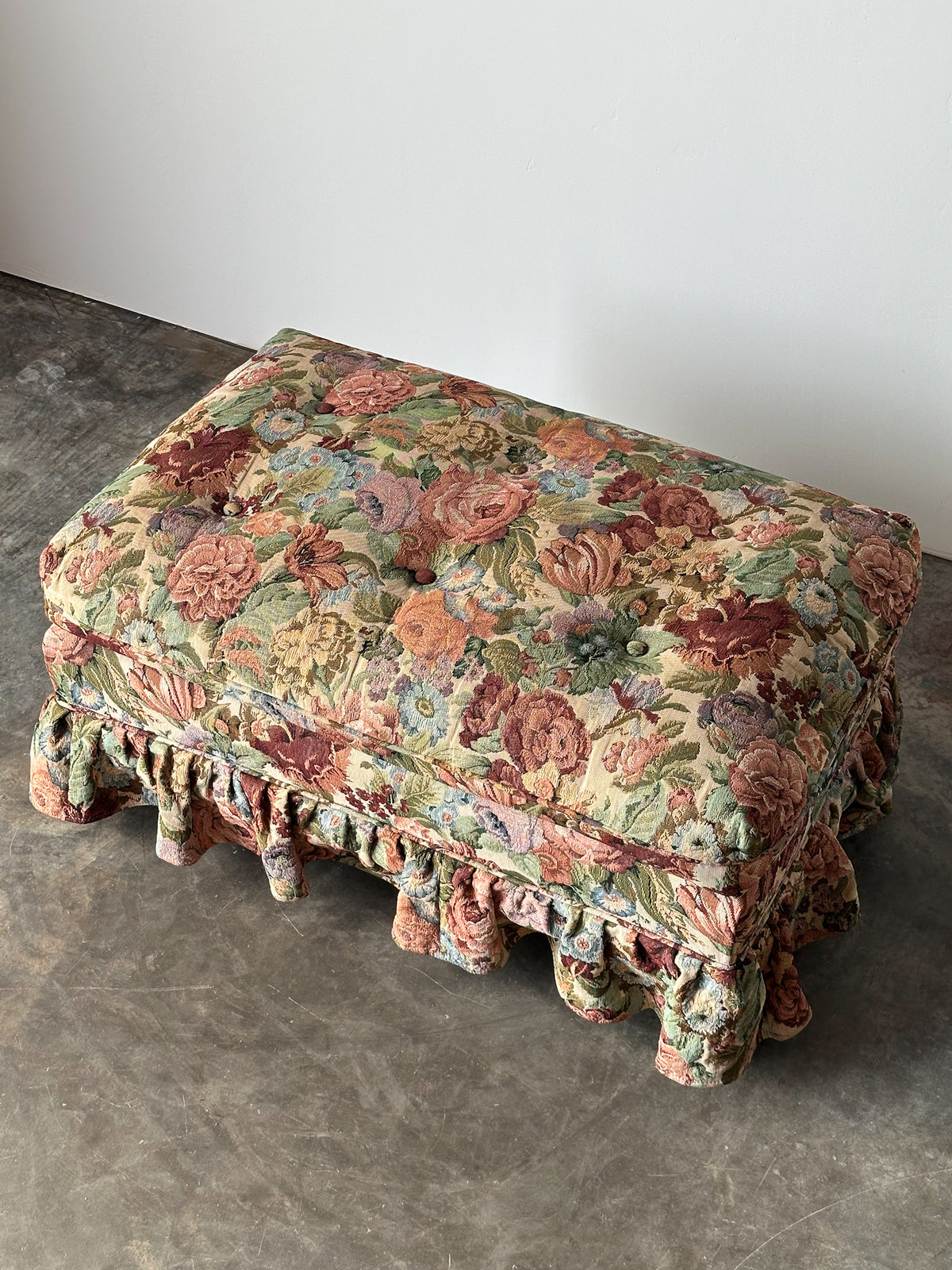 Floral Jacquard Tapestry Skirted Tufted Ottoman, 1980s